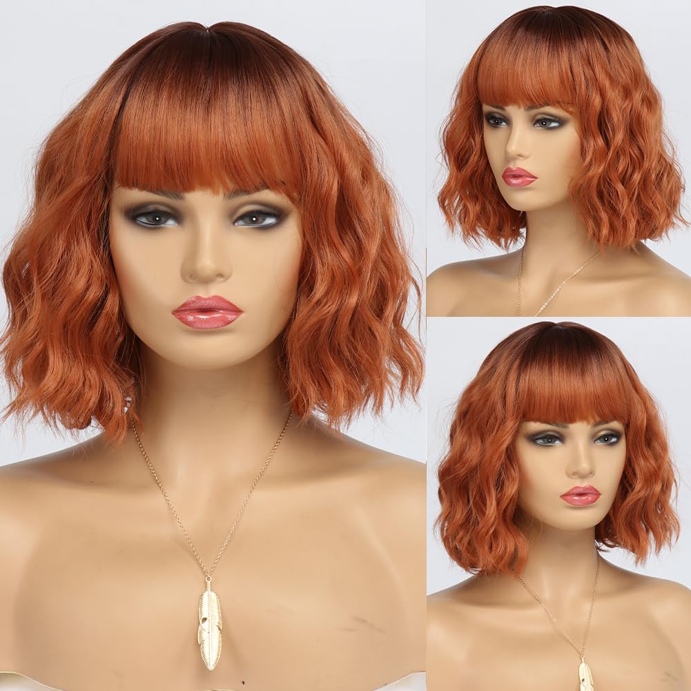 White Silver Wigs for Women Ombre Grey Wavy Bob Short Wigs with Bangs Medium Length Synthetic Hair Water Wave Dark Roots Wig Gray Colorful Wigs（14 Inches）