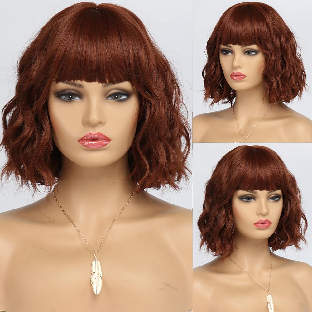 White Silver Wigs for Women Ombre Grey Wavy Bob Short Wigs with Bangs Medium Length Synthetic Hair Water Wave Dark Roots Wig Gray Colorful Wigs（14 Inches）