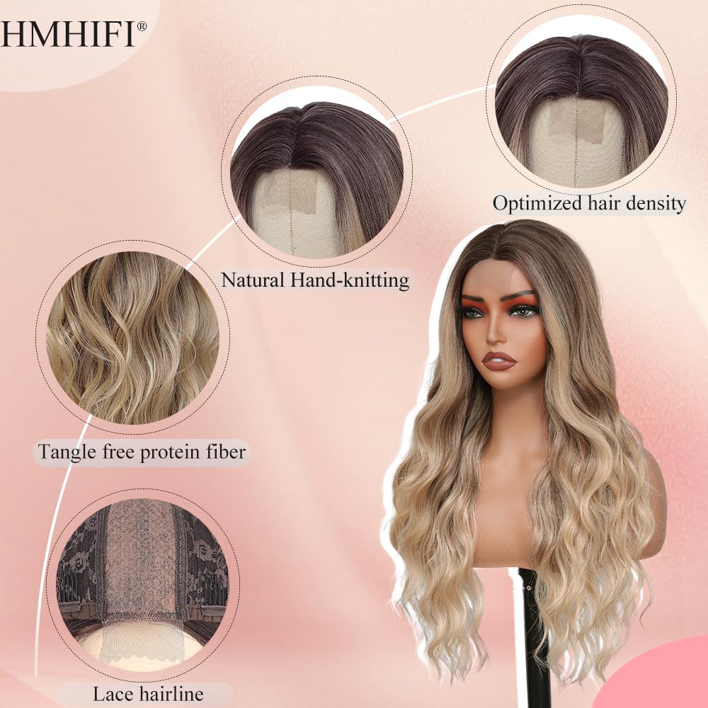 HMHIFI Blonde Wig for Women,26 Inch Long Wavy Curly Middle Part Hair
