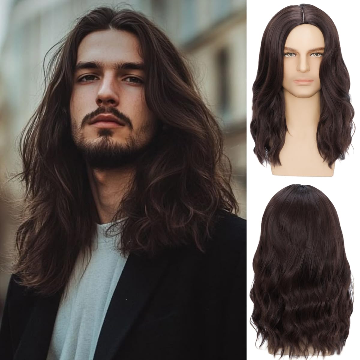 Mens Black Wig Long Curly Natural Hair Wig Layered Wavy for Daily Party Costume Cospaly Halloween