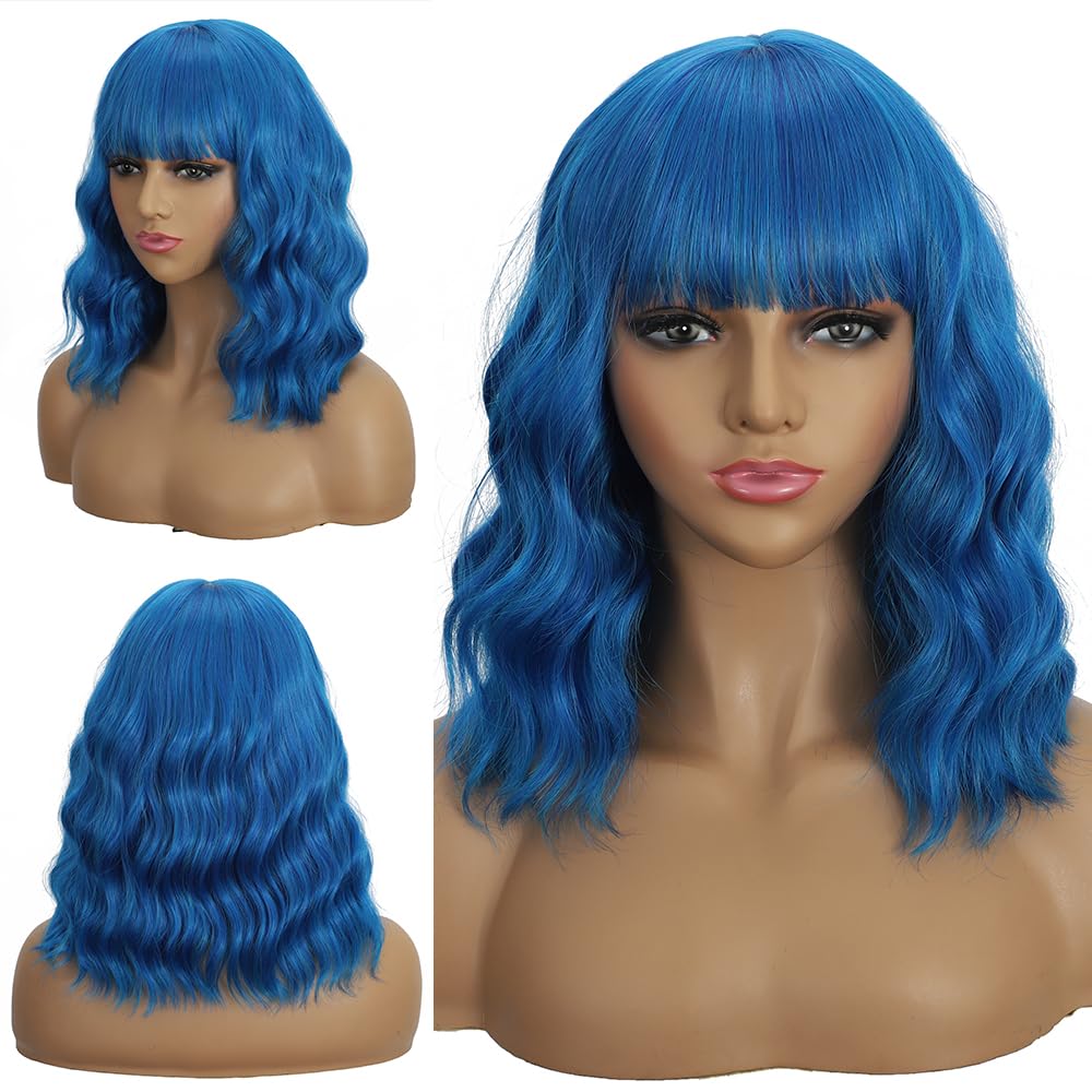 Dark Purple Wigs with Bangs for Women 14 Inch Short Wavy Bob Wigs Synthetic Bob Wig Curly Wig Heat Resistant Colorful Wavy Wig Cosplay Wigs For Daily Party Halloween