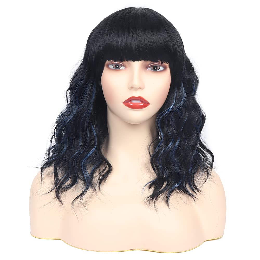 Black Mixed Brown Wig for Black Women Short Wavy Curly Bob Wig with Bangs