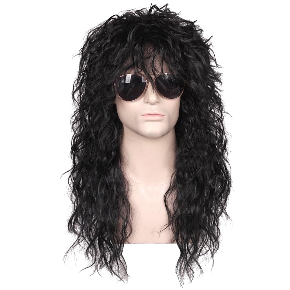 PORSMEER Mens Long Curly Rock N Roll Wig for Men Heavy Metal Rock Disco Hair for Rockstar, Halloween, Party, Retro Music Festival (Black)
