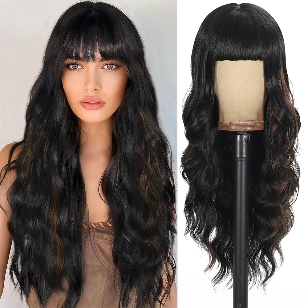 Black Wig with Bangs Long curly wavy Wigs for Women26In Synthetic Black Wig