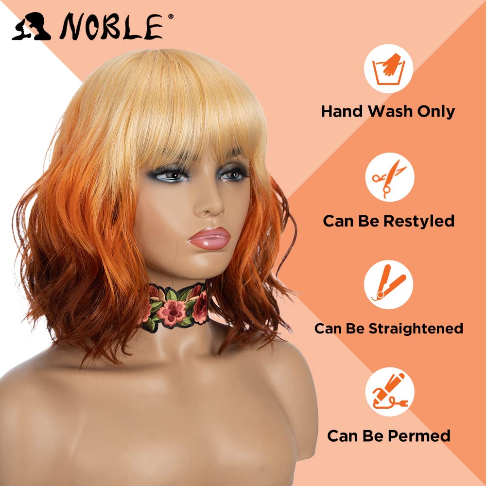 NOBLE Blue Wig with Bangs 12 Inches Short Bob Curly Wig Blue Wigs for Women Colorful Wavy Bob Wigs with Air Bangs Heat Resistant Synthetic Silver Blue Halloween Wigs for Cosplay Party