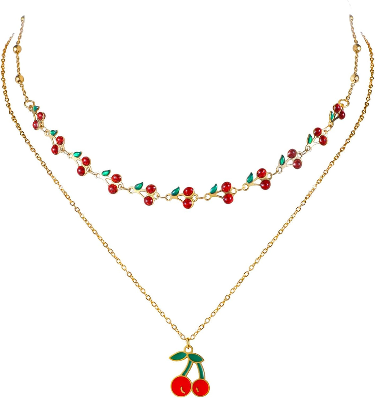 Jojomina Cherry Necklace for Women Layered Summer Jewelry Accessories 2PCs