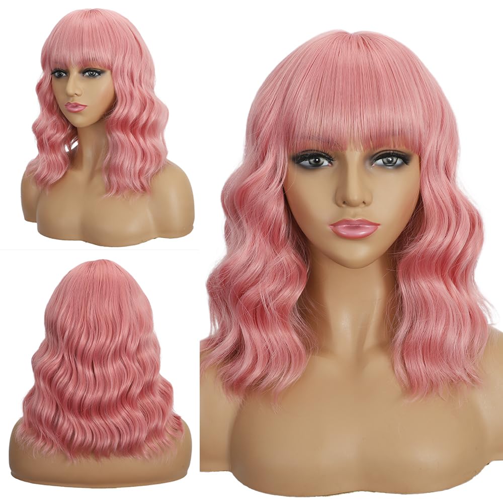 Dark Purple Wigs with Bangs for Women 14 Inch Short Wavy Bob Wigs Synthetic Bob Wig Curly Wig Heat Resistant Colorful Wavy Wig Cosplay Wigs For Daily Party Halloween