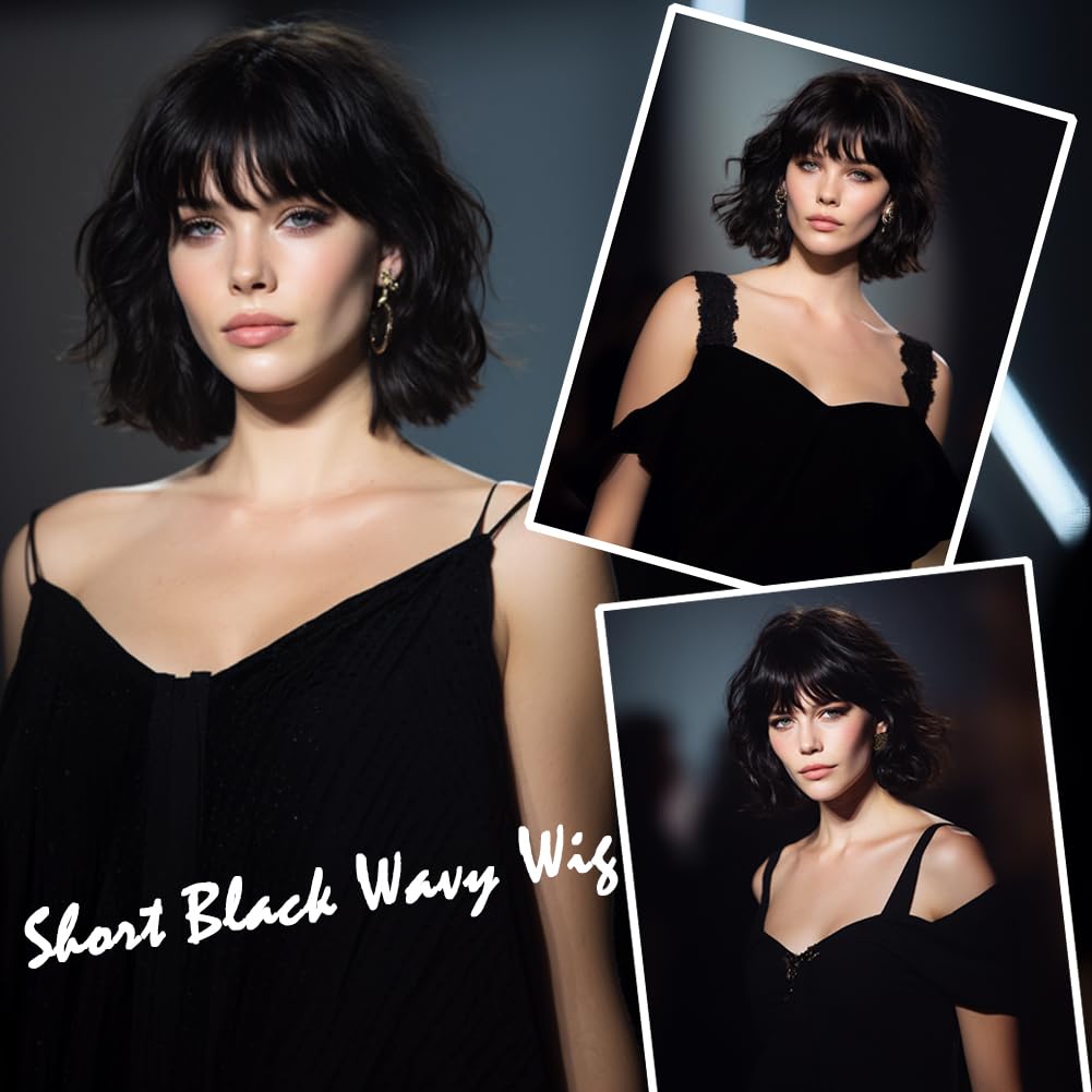 White Silver Wigs for Women Ombre Grey Wavy Bob Short Wigs with Bangs Medium Length Synthetic Hair Water Wave Dark Roots Wig Gray Colorful Wigs（14 Inches）