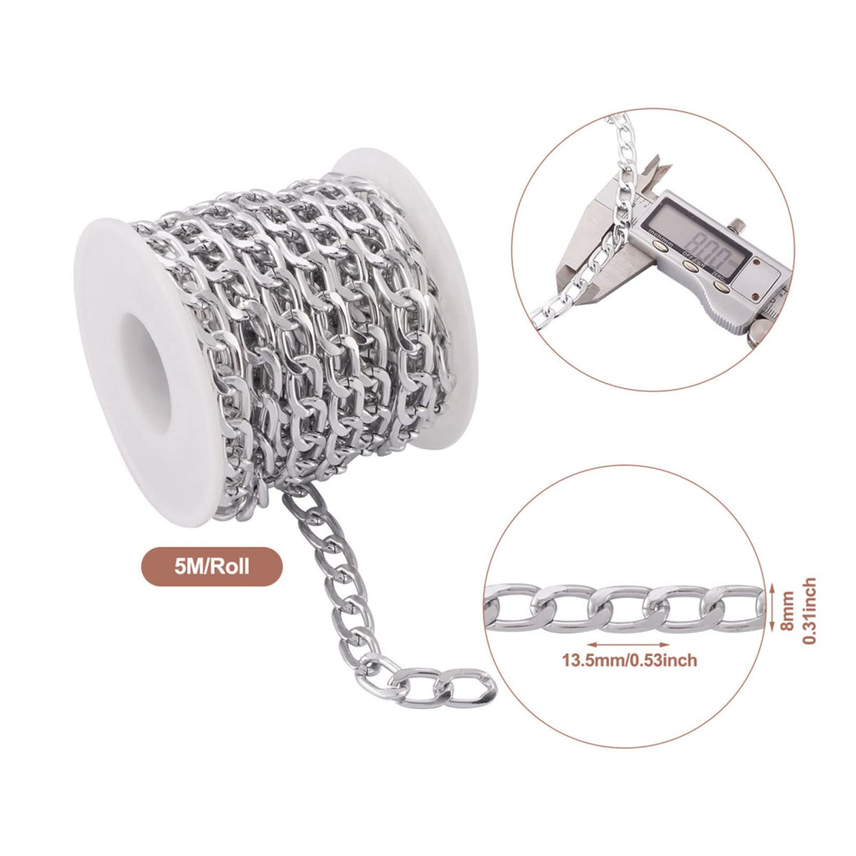 Beadthoven 16.4ft Aluminum Curb Chains, Silver Color Chains for Jewelry Making 5mm Wide Metal Craft Chain Link Spool Twisted Links Oval Curb Chains Unwelded for Clothes Necklace Bracelet DIY Findings