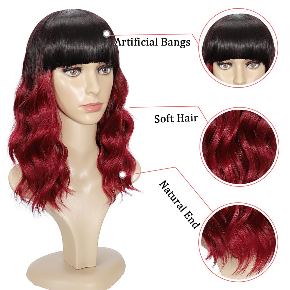 Black Mixed Brown Wig for Black Women Short Wavy Curly Bob Wig with Bangs