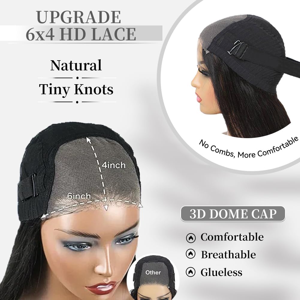 Wear and Go Glueless Wigs Human Hair Pre Cut 6X4 Straight Lace Front Wigs