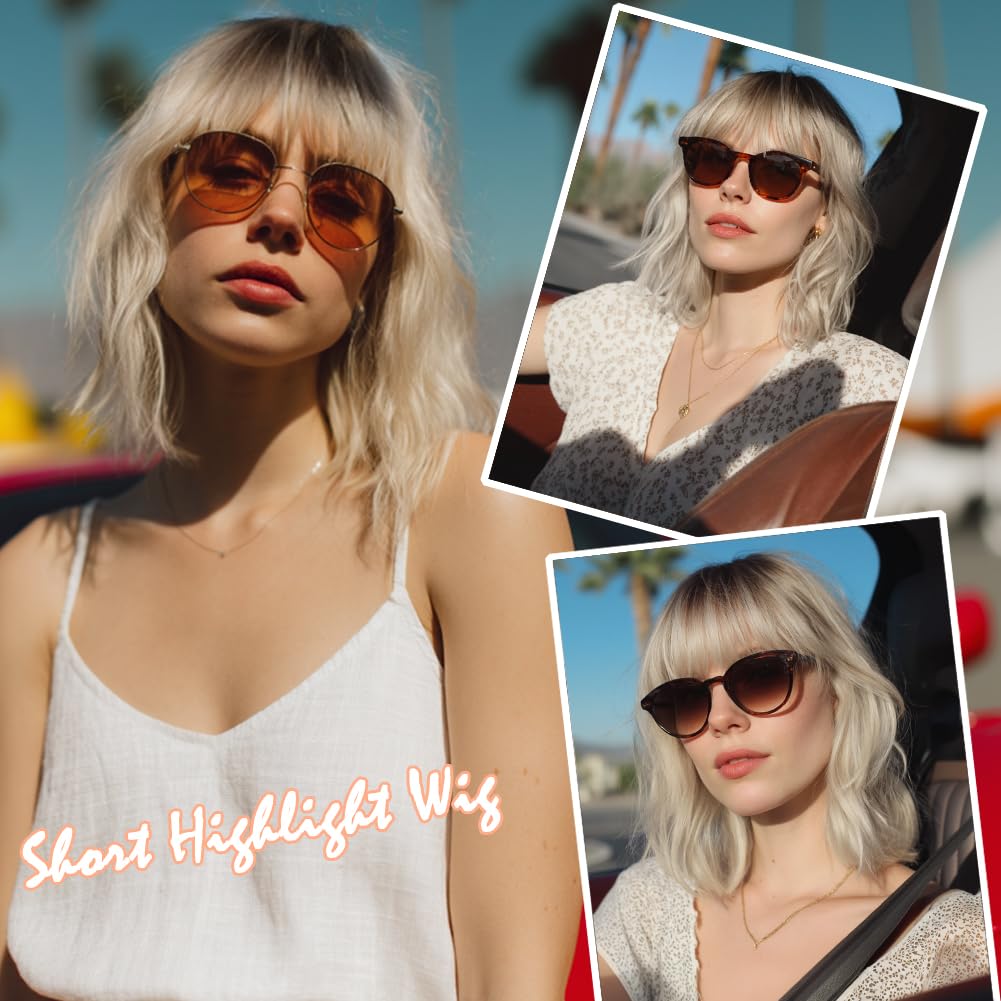 White Silver Wigs for Women Ombre Grey Wavy Bob Short Wigs with Bangs Medium Length Synthetic Hair Water Wave Dark Roots Wig Gray Colorful Wigs（14 Inches）