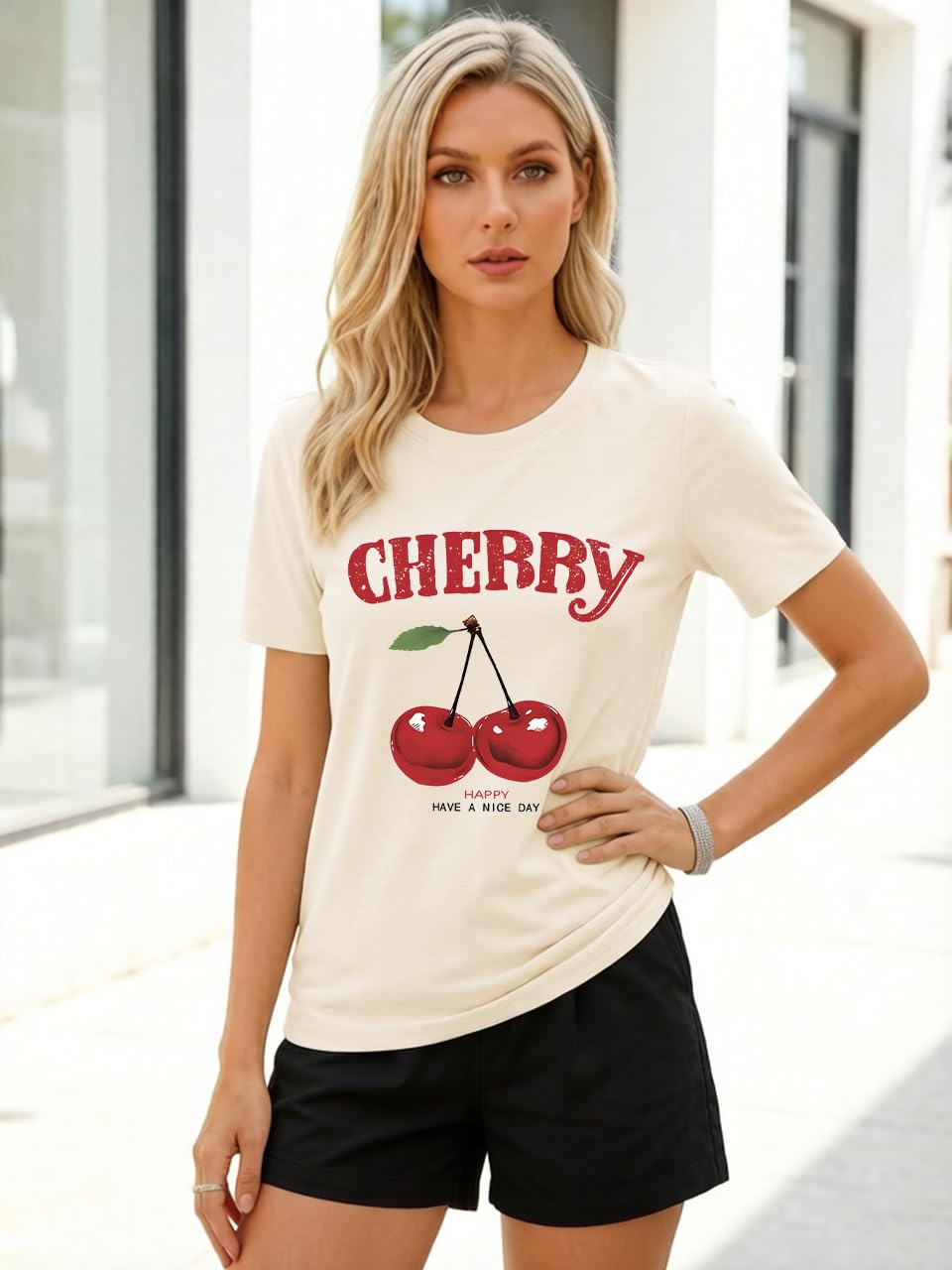Cherry Graphic Tees Sweet Vibe Streetwear Shirt Short Sleeve Tops for Women