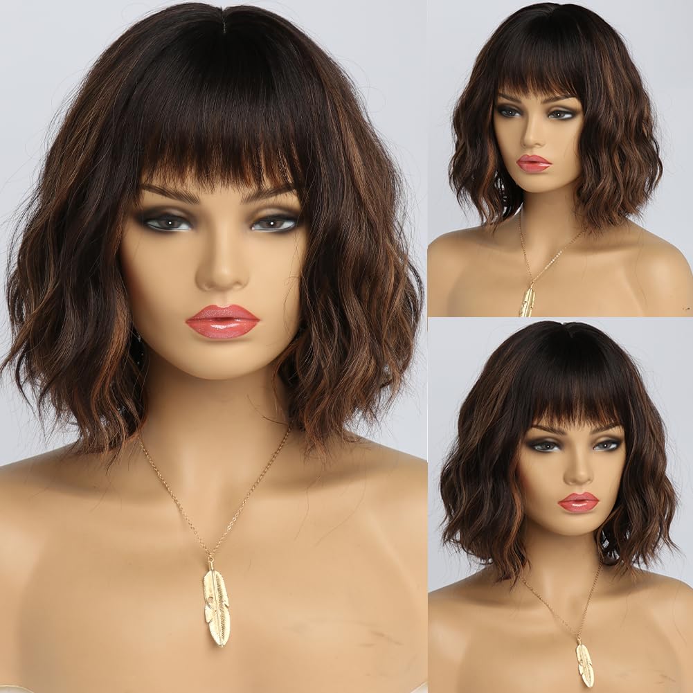 White Silver Wigs for Women Ombre Grey Wavy Bob Short Wigs with Bangs Medium Length Synthetic Hair Water Wave Dark Roots Wig Gray Colorful Wigs（14 Inches）