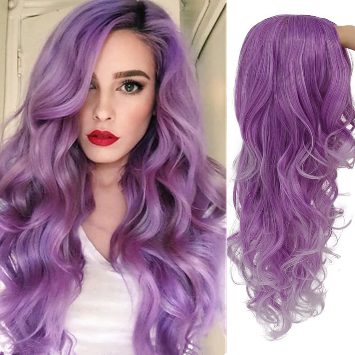 Long Curly Wavy Silver Grey to Purple Wig Side Part Natural Looking Synthetic Cosplay Wig for Women