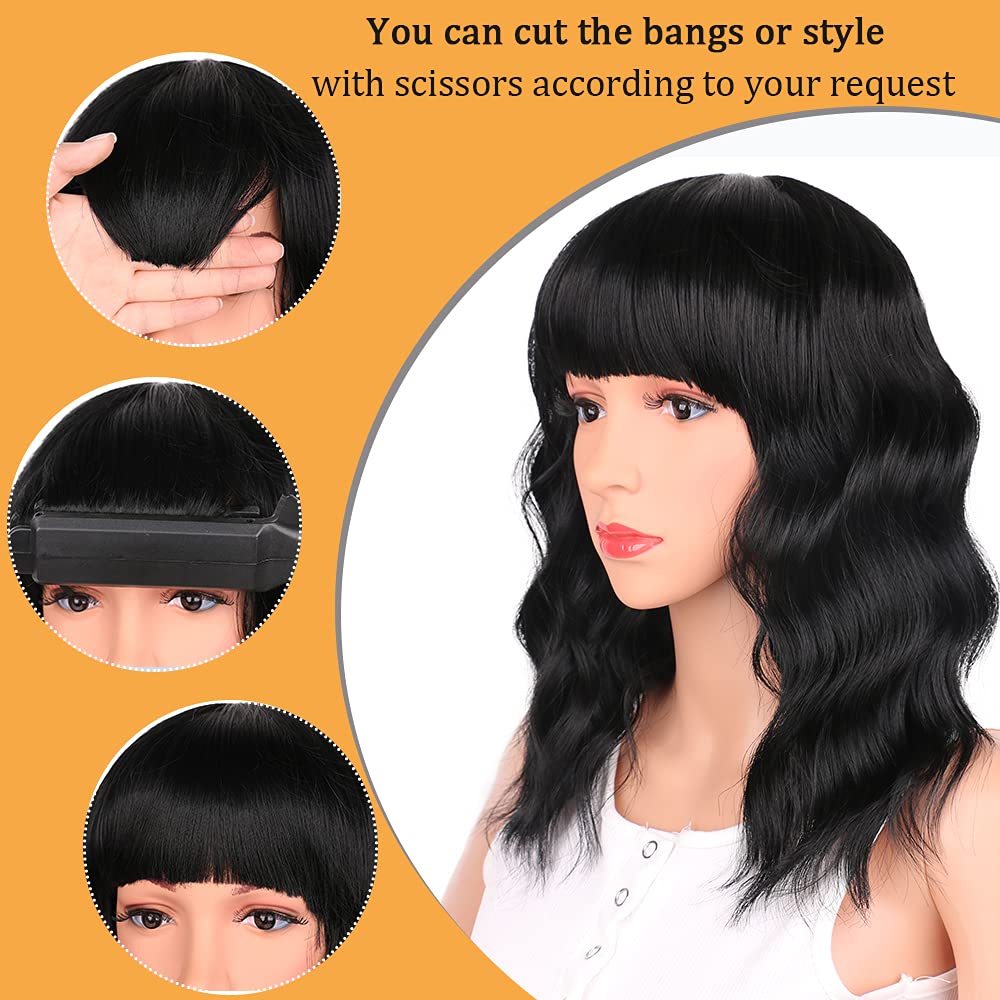 Black Mixed Brown Wig for Black Women Short Wavy Curly Bob Wig with Bangs