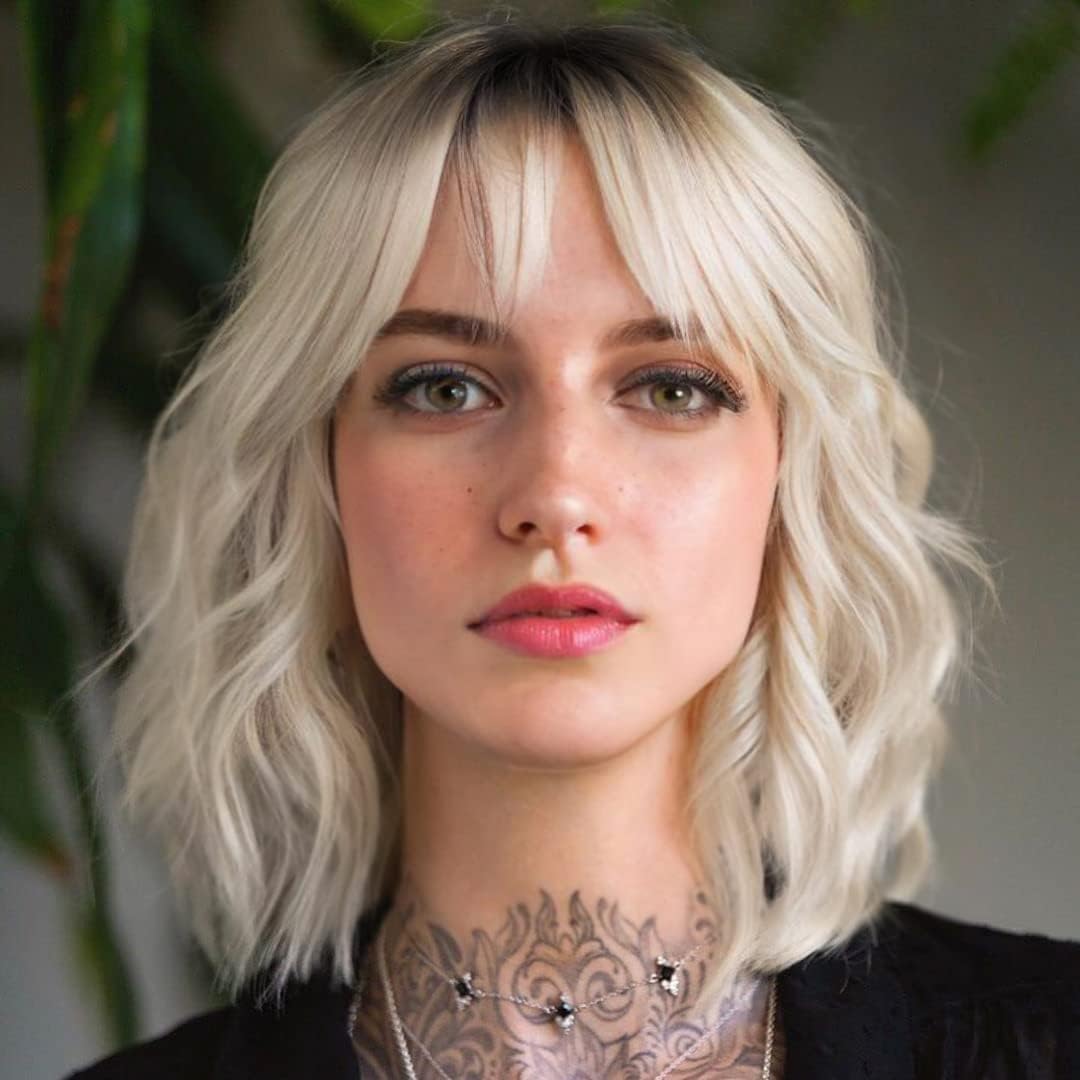 White Silver Wigs for Women Ombre Grey Wavy Bob Short Wigs with Bangs Medium Length Synthetic Hair Water Wave Dark Roots Wig Gray Colorful Wigs（14 Inches）