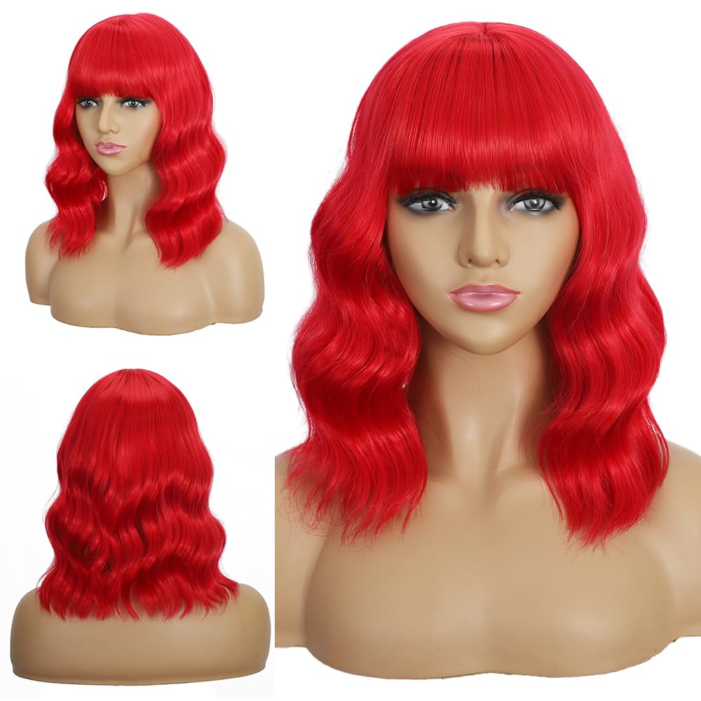Dark Purple Wigs with Bangs for Women 14 Inch Short Wavy Bob Wigs Synthetic Bob Wig Curly Wig Heat Resistant Colorful Wavy Wig Cosplay Wigs For Daily Party Halloween