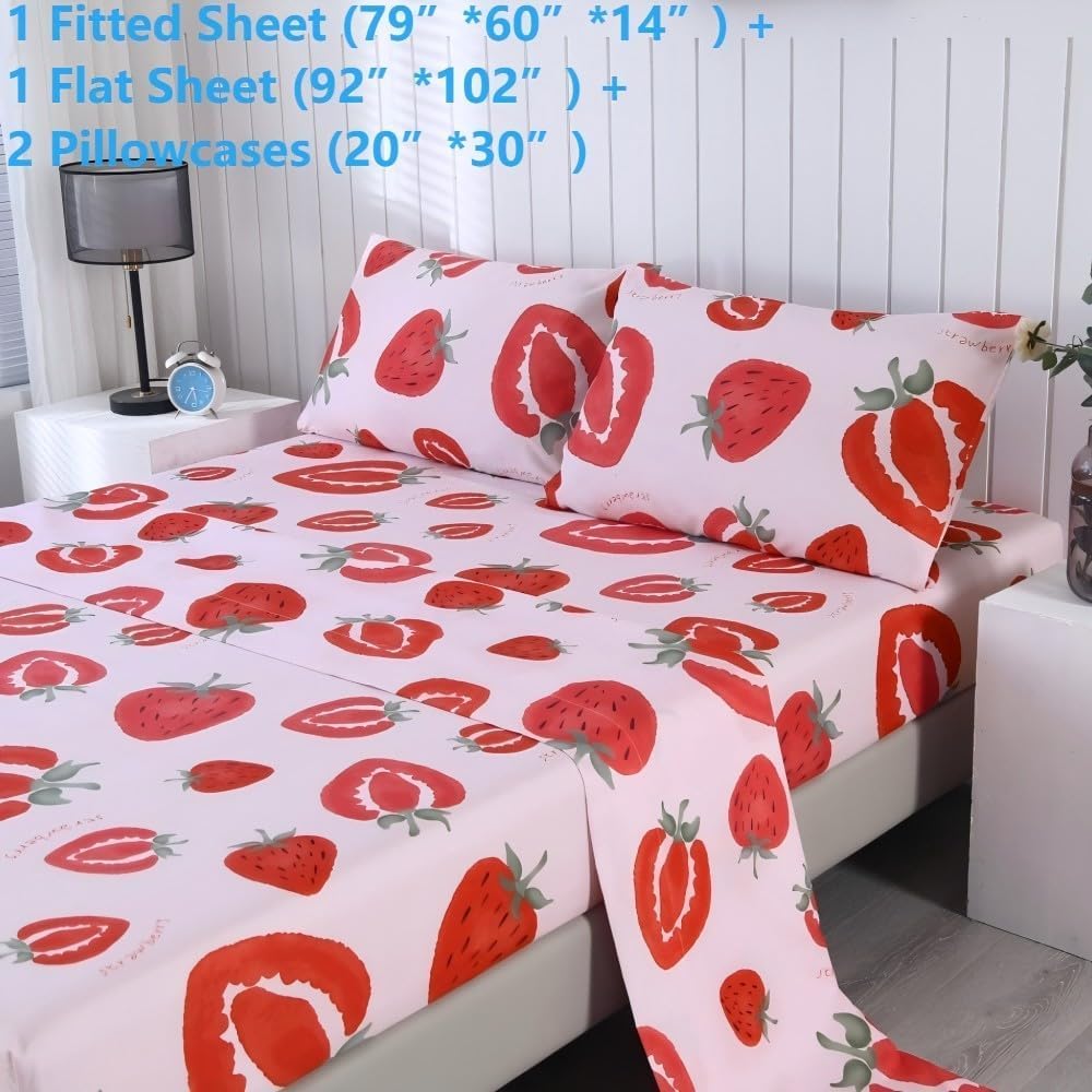 SDIII 4PCS Red Cherry Bed Sheets Set Full, Soft Microfiber Cherry Full Size Bed Sheets, Cute Fruit Patterns Sheet for Girls Boys Kids and Teens