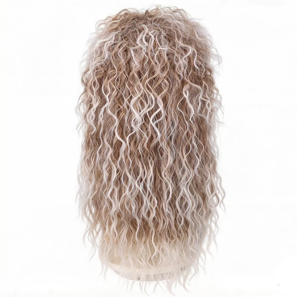 PORSMEER Mens Long Curly Rock N Roll Wig for Men Heavy Metal Rock Disco Hair for Rockstar, Halloween, Party, Retro Music Festival (Black)