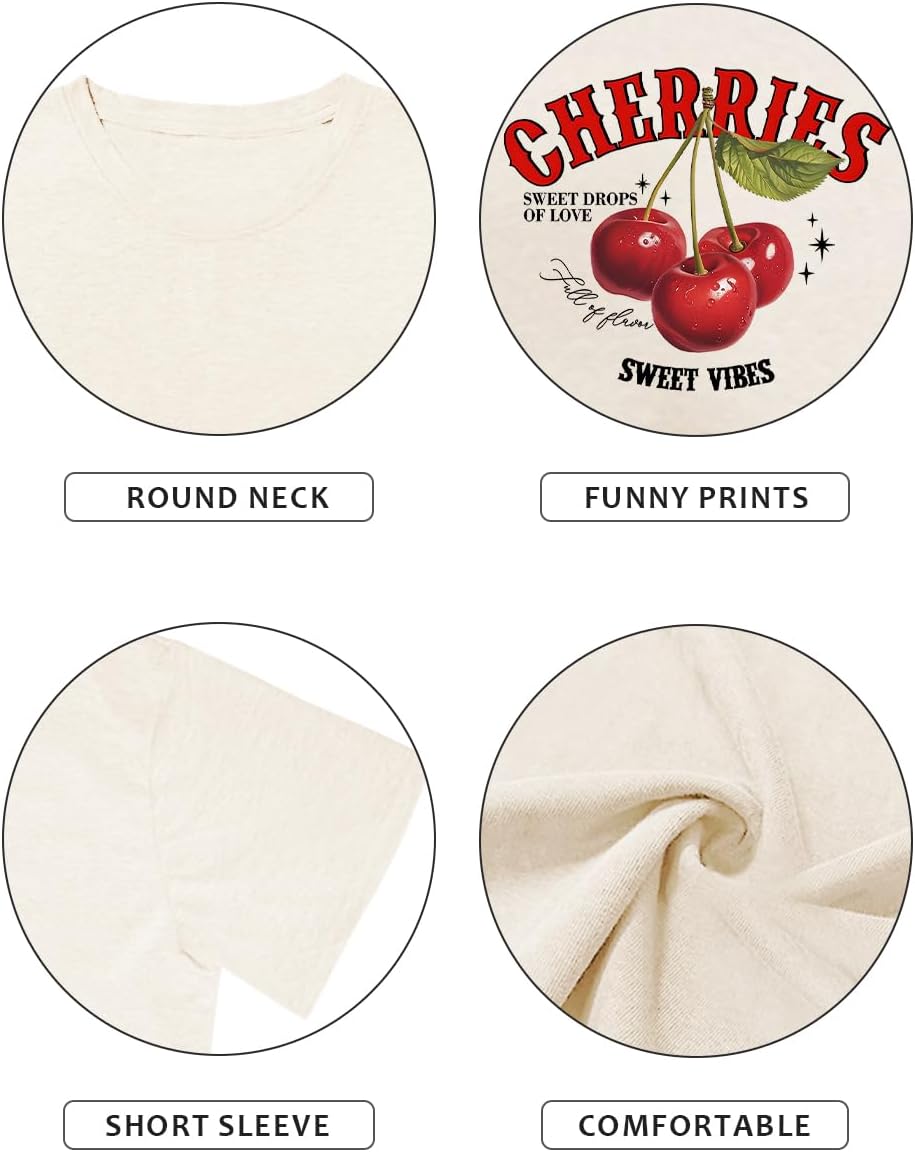 Cherry Graphic Tees Sweet Vibe Streetwear Shirt Short Sleeve Tops for Women