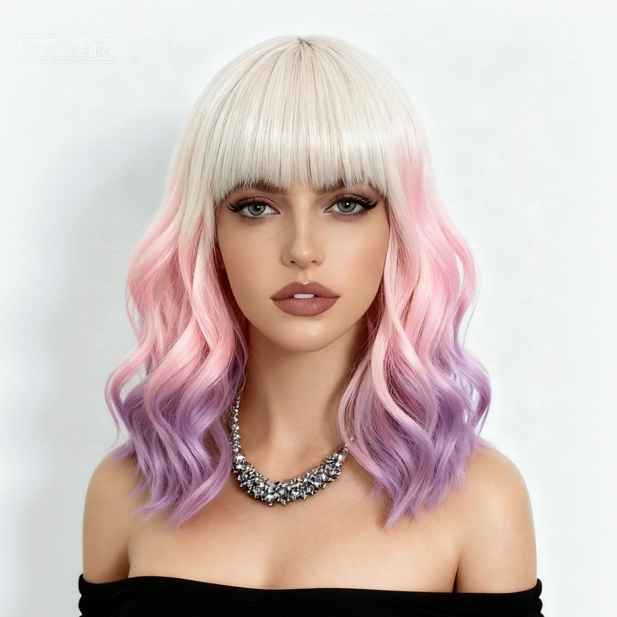 NOBLE Blue Wig with Bangs 12 Inches Short Bob Curly Wig Blue Wigs for Women Colorful Wavy Bob Wigs with Air Bangs Heat Resistant Synthetic Silver Blue Halloween Wigs for Cosplay Party