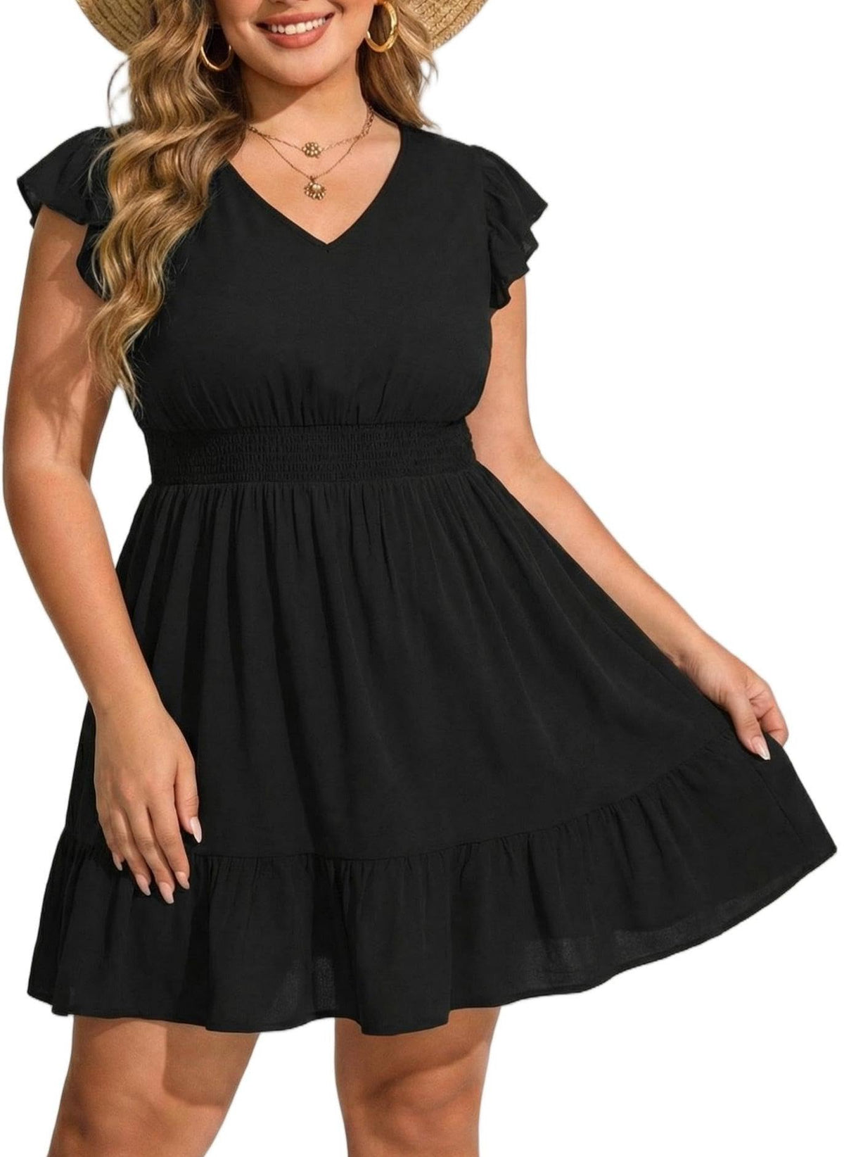 Talisea Womens Plus Size V Neck Ruffle Sleeve Flowy Summer Dress