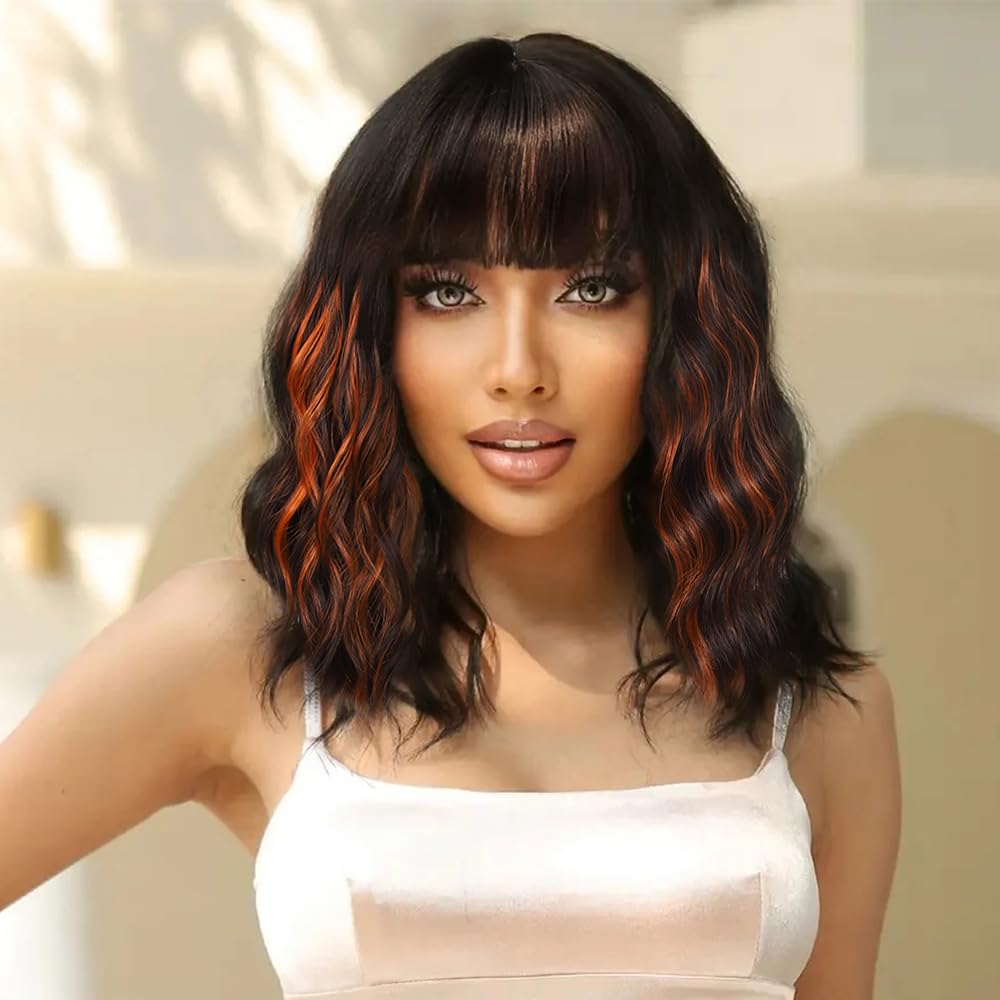 Black Mixed Brown Wig for Black Women Short Wavy Curly Bob Wig with Bangs