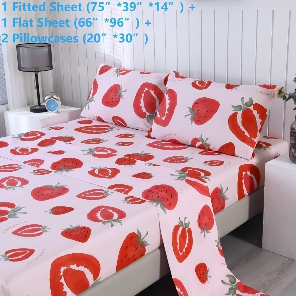 SDIII 4PCS Red Cherry Bed Sheets Set Full, Soft Microfiber Cherry Full Size Bed Sheets, Cute Fruit Patterns Sheet for Girls Boys Kids and Teens
