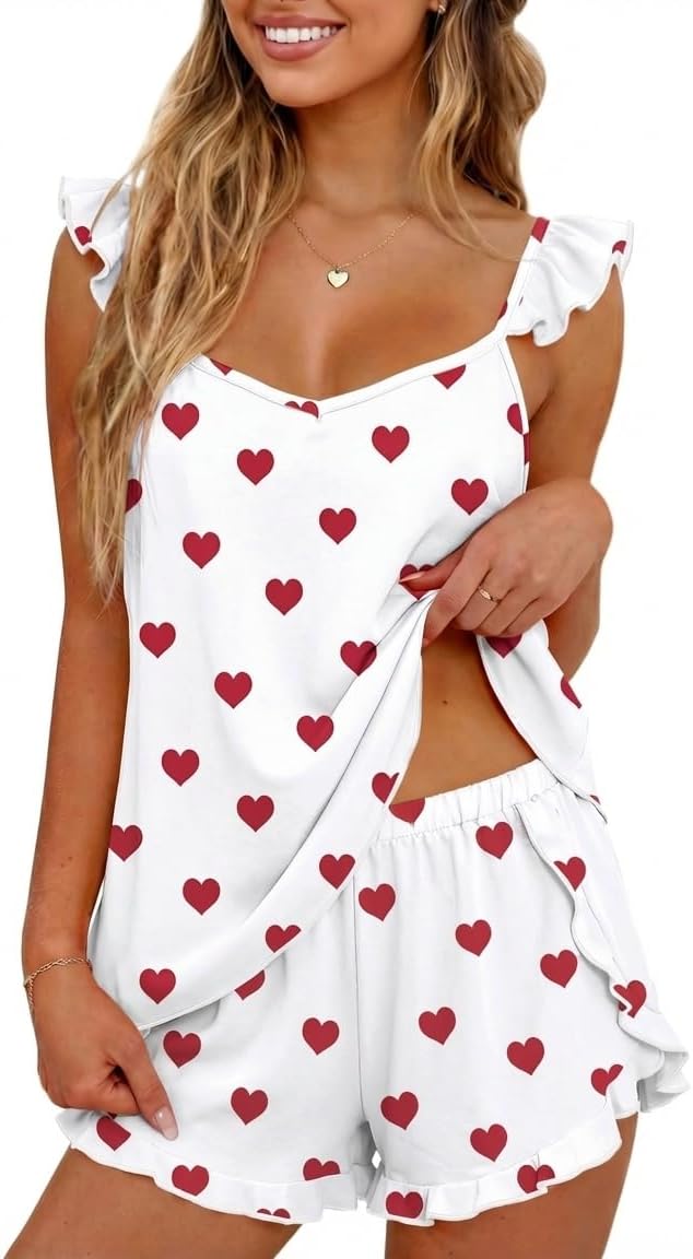 Ekouaer Pajamas for Women set 2 Piece Ruffle Tank Top Split Leg Cami Shorts