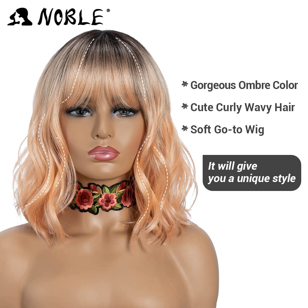 NOBLE Blue Wig with Bangs 12 Inches Short Bob Curly Wig Blue Wigs for Women Colorful Wavy Bob Wigs with Air Bangs Heat Resistant Synthetic Silver Blue Halloween Wigs for Cosplay Party