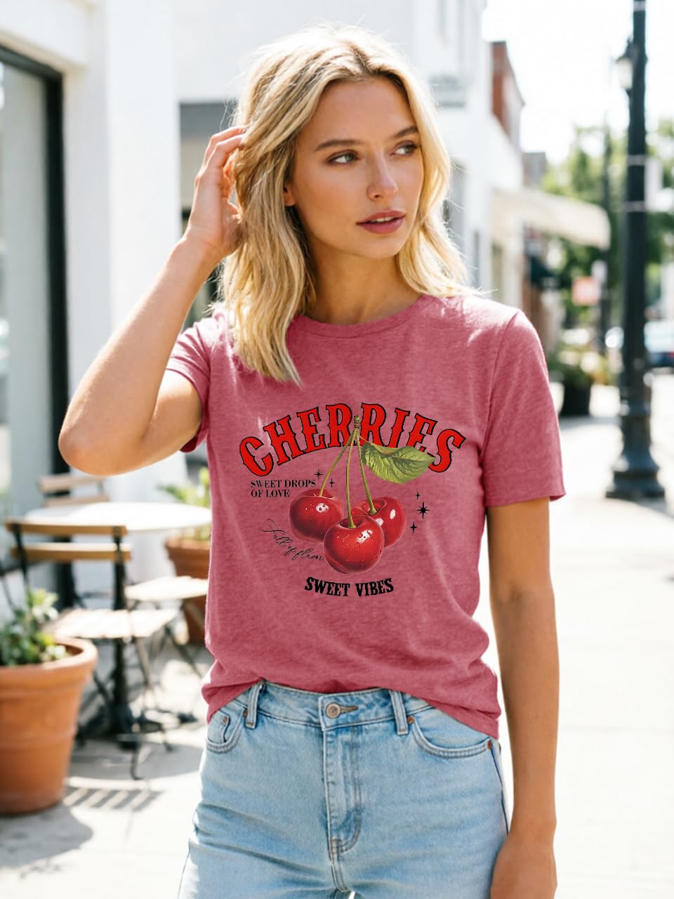 Cherry Graphic Tees Sweet Vibe Streetwear Shirt Short Sleeve Tops for Women