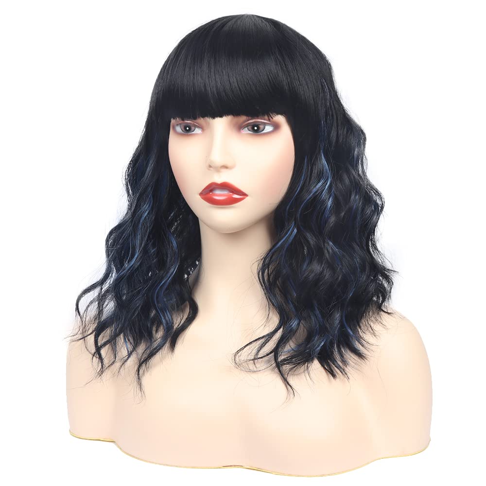 Black Mixed Brown Wig for Black Women Short Wavy Curly Bob Wig with Bangs