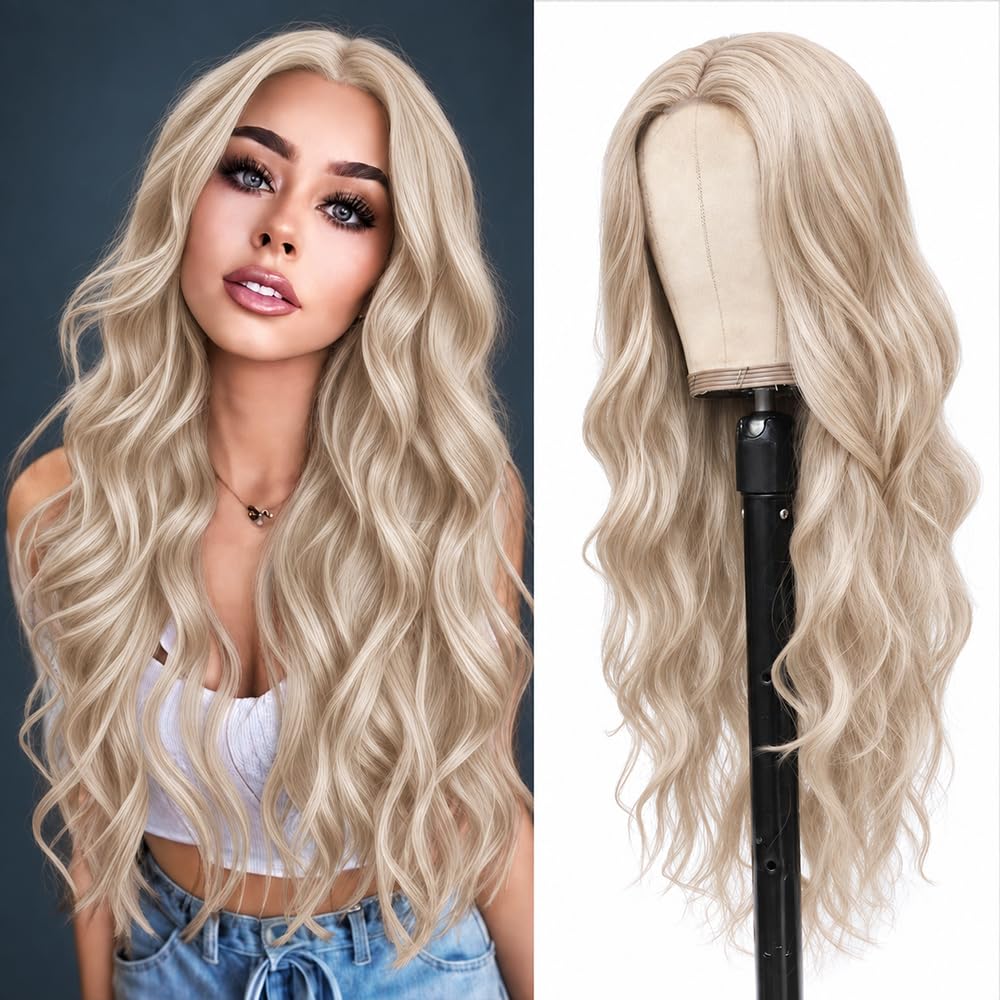 HMHIFI Blonde Wig for Women,26 Inch Long Wavy Curly Middle Part Hair