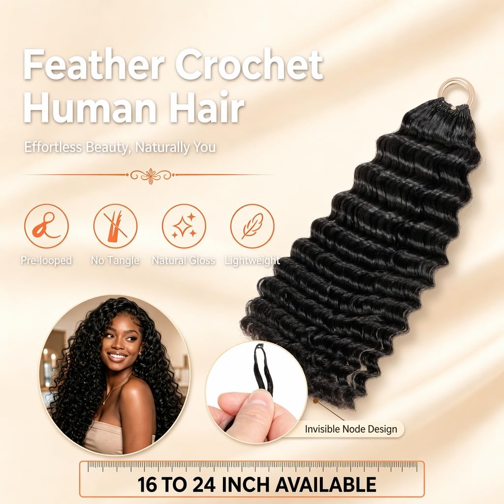 Crochet Human Hair for Black Women, Miracle Deep Wave Mini Knots Feather Crochet Human Hair Extensions 18 Inch 150g 120 Strands, Pre-Separated Invisible Knotless Remy Bundles Natural Black