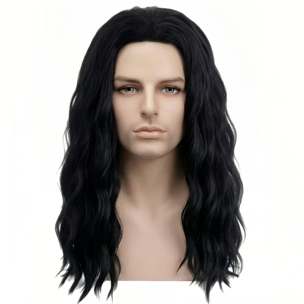 Mens Black Wig Long Curly Natural Hair Wig Layered Wavy for Daily Party Costume Cospaly Halloween