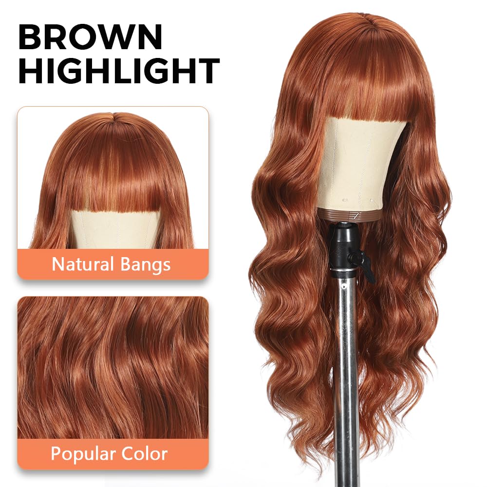Black Wig with Bangs Long curly wavy Wigs for Women26In Synthetic Black Wig