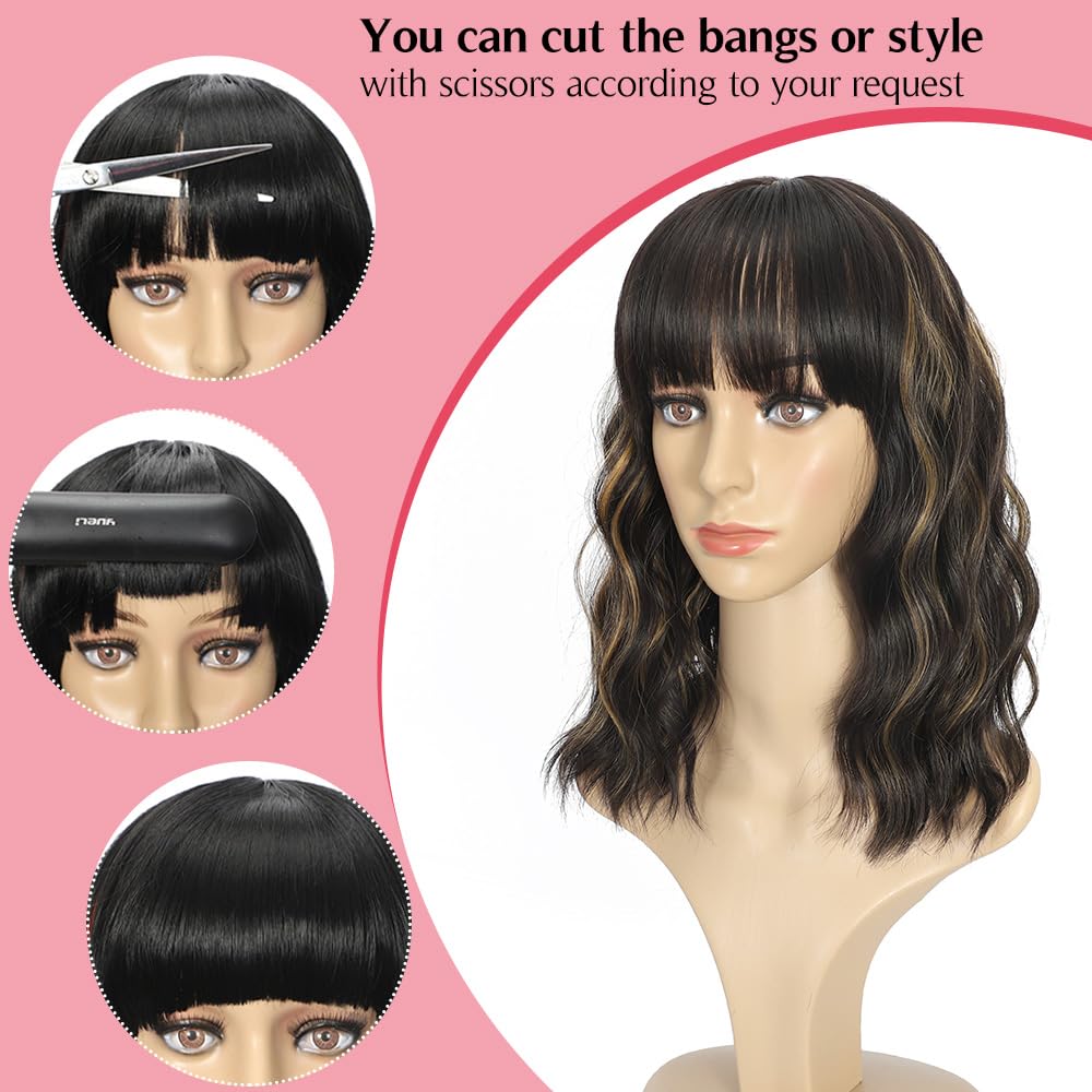 Black Mixed Brown Wig for Black Women Short Wavy Curly Bob Wig with Bangs