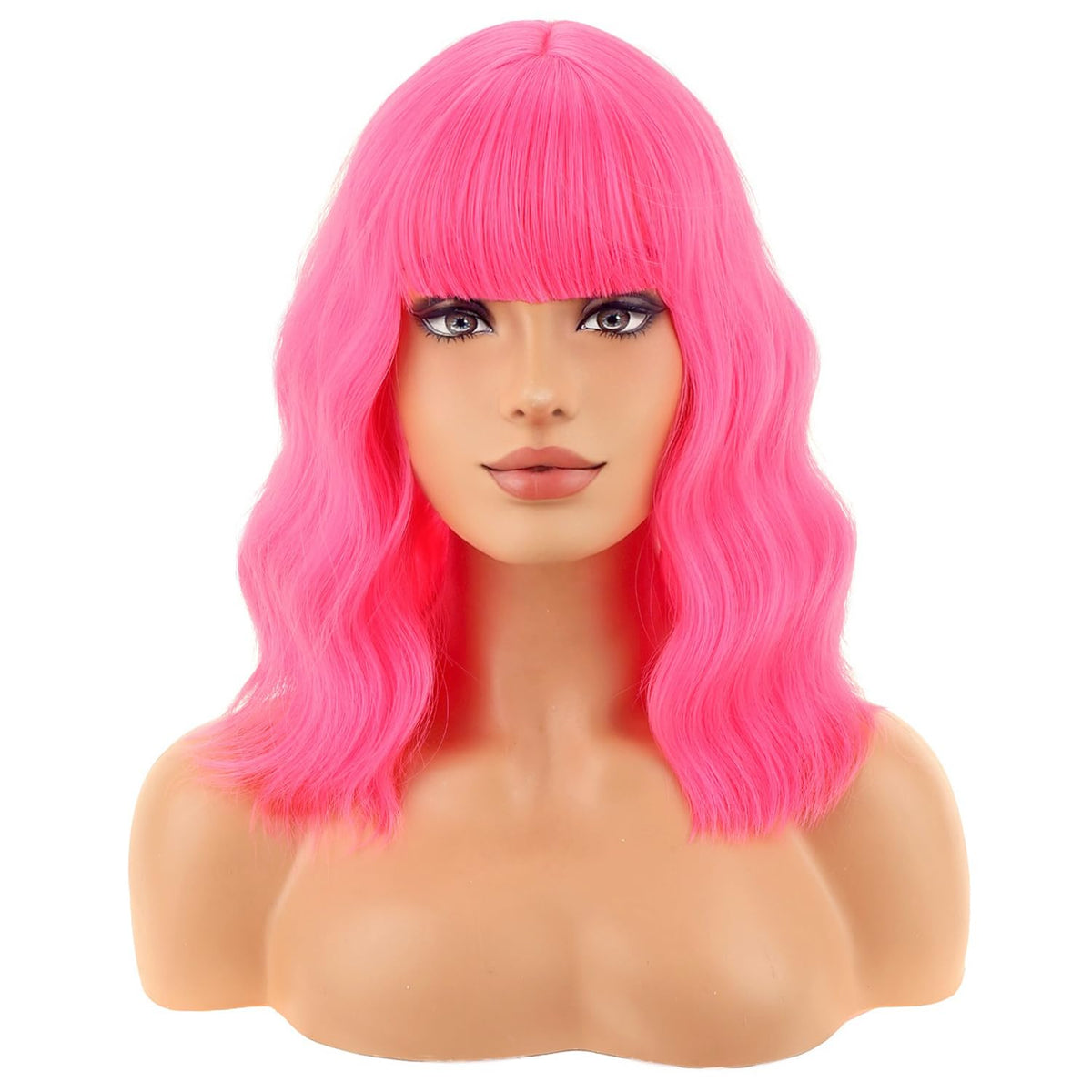 BERON 14 Inches Pink Wig for Women Girls Short Curly Synthetic Wig with Bangs Lovely Pink