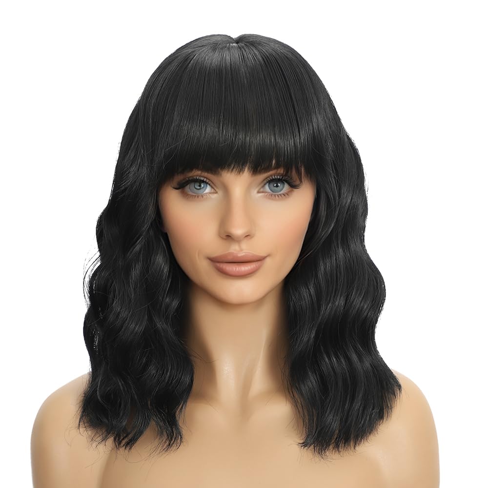 Dark Purple Wigs with Bangs for Women 14 Inch Short Wavy Bob Wigs Synthetic Bob Wig Curly Wig Heat Resistant Colorful Wavy Wig Cosplay Wigs For Daily Party Halloween
