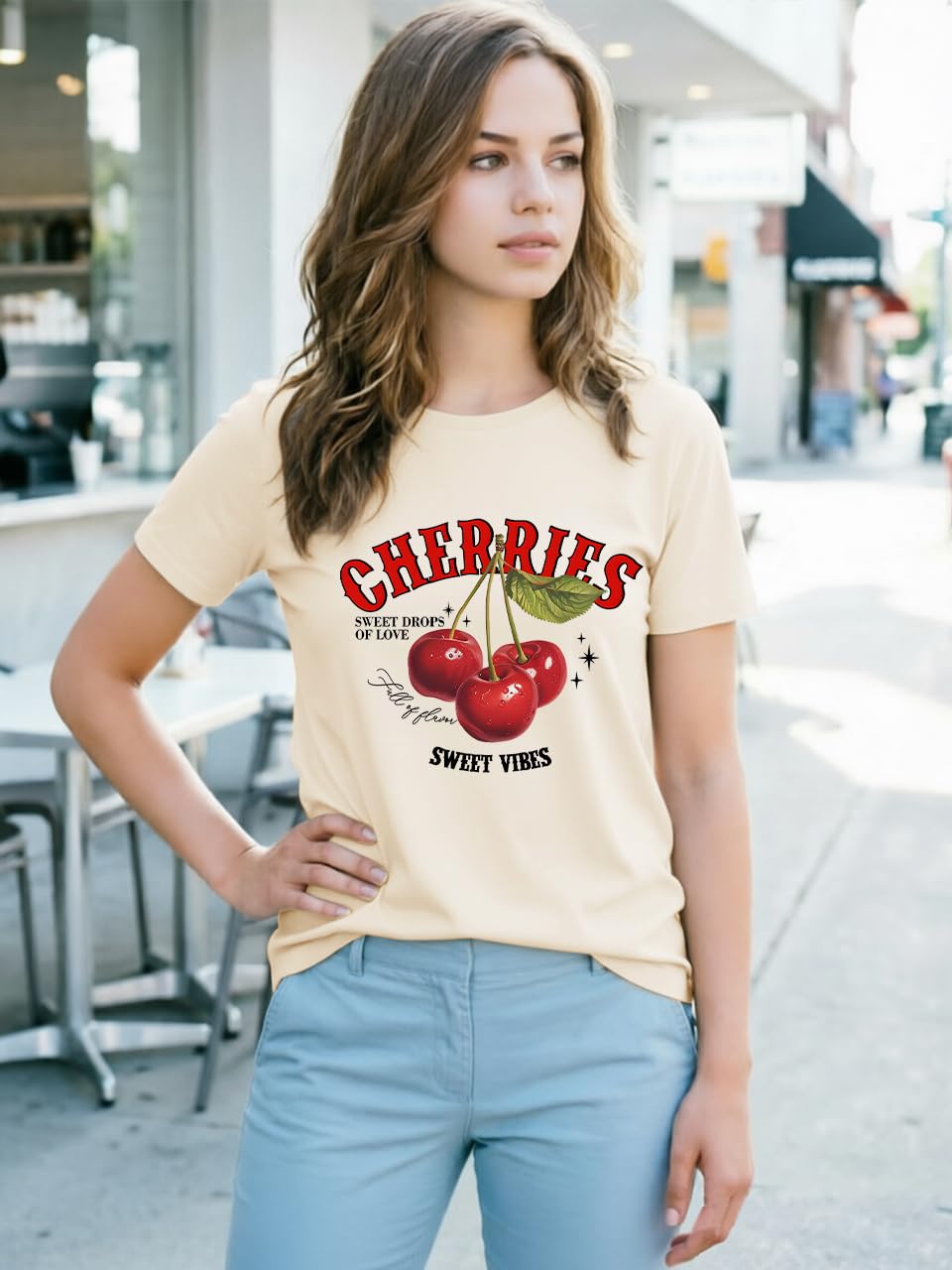 Cherry Graphic Tees Sweet Vibe Streetwear Shirt Short Sleeve Tops for Women
