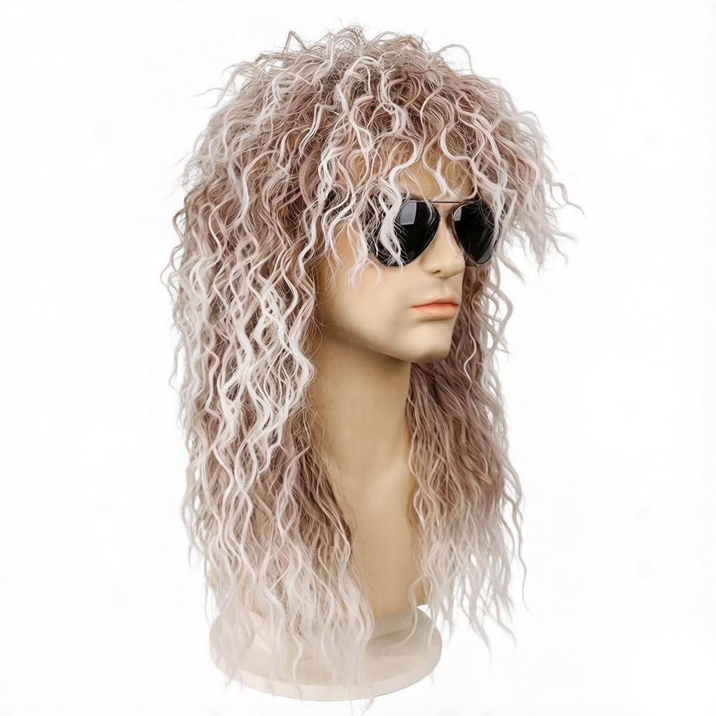 PORSMEER Mens Long Curly Rock N Roll Wig for Men Heavy Metal Rock Disco Hair for Rockstar, Halloween, Party, Retro Music Festival (Black)