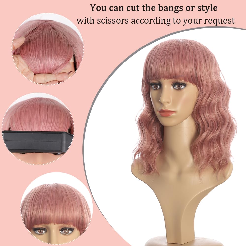 Black Mixed Brown Wig for Black Women Short Wavy Curly Bob Wig with Bangs