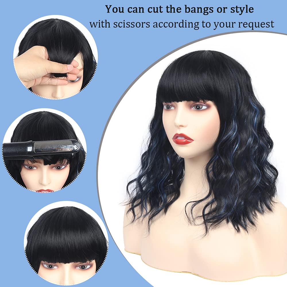 Black Mixed Brown Wig for Black Women Short Wavy Curly Bob Wig with Bangs