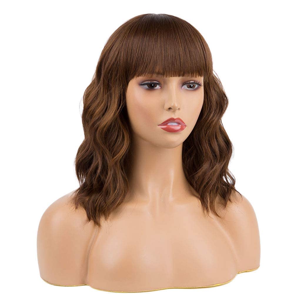 Black Mixed Brown Wig for Black Women Short Wavy Curly Bob Wig with Bangs
