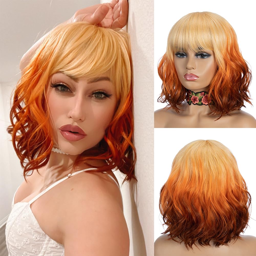 NOBLE Blue Wig with Bangs 12 Inches Short Bob Curly Wig Blue Wigs for Women Colorful Wavy Bob Wigs with Air Bangs Heat Resistant Synthetic Silver Blue Halloween Wigs for Cosplay Party