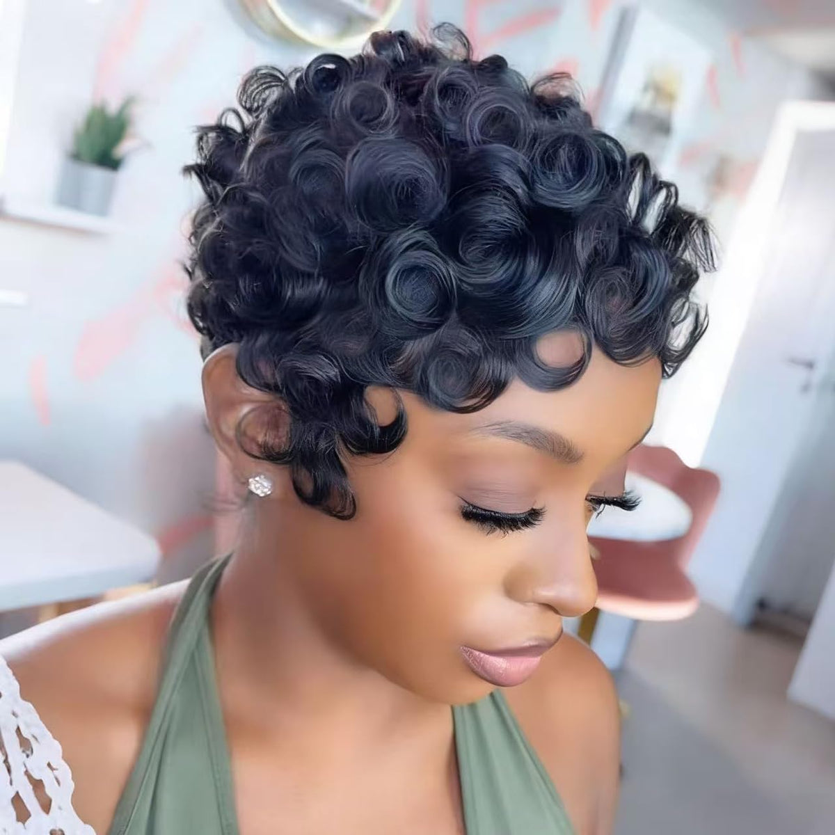 VRZ Pixie Cut Wigs for Black Women Brazilian Curly Pixie Cut Wig Human Hair Glueless Short Layered Wigs With Bangs Natural Black Color No Glue Human Hair Wig for Daily Use