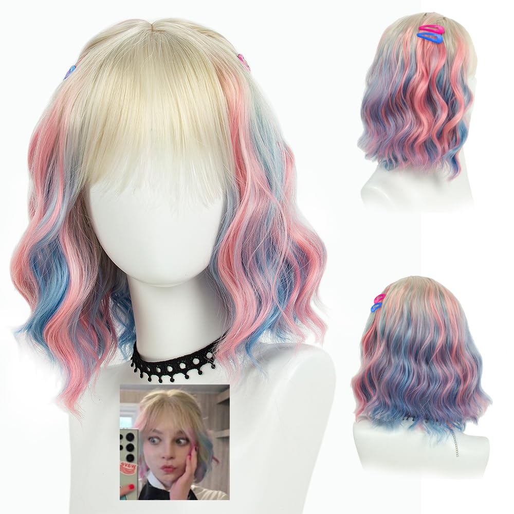 Long Pastel Wigs for Women Heat Resistant Hair Natural Wigs for Daily Cosplay Costume Party Carnival Purple-pink Gradient with Blue Highlights