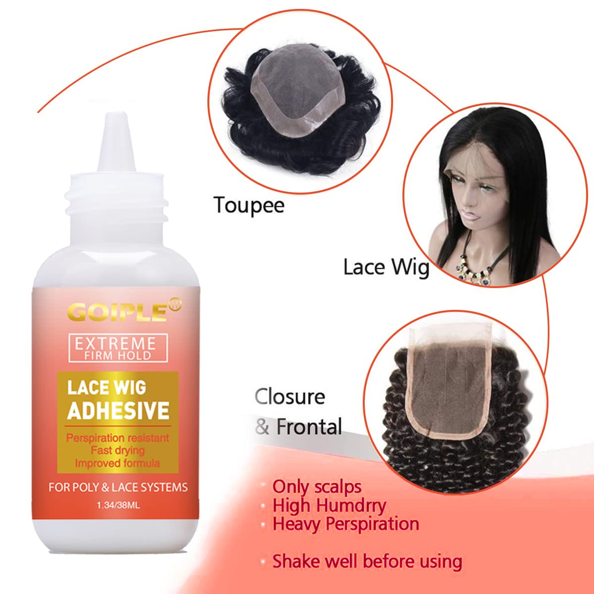 Wig Glue 1.28OZ, Waterproof Lace Front Adhsive for Wigs with Tools and Hair Wax Stick (Lace Adhesive/Wig Glue Remover/Wax Stick/Edge Control Wax/Elastic Band/Hair Dual Drush/Wigs Caps)