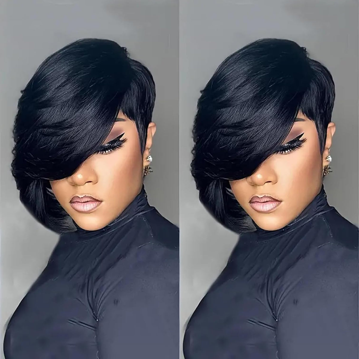 VRZ Pixie Cut Wigs for Black Women Brazilian Curly Pixie Cut Wig Human Hair Glueless Short Layered Wigs With Bangs Natural Black Color No Glue Human Hair Wig for Daily Use